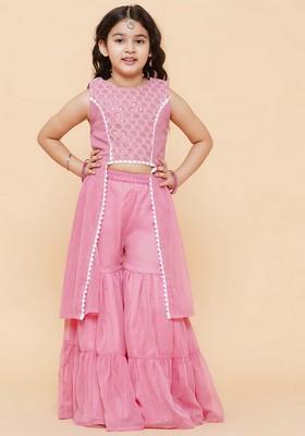 Pink Self Design Sharara With Kurta (Set of 2)