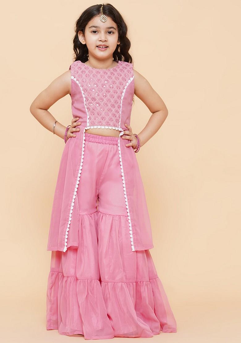 Pink Self Design Sharara With Kurta (Set of 2) - Indya