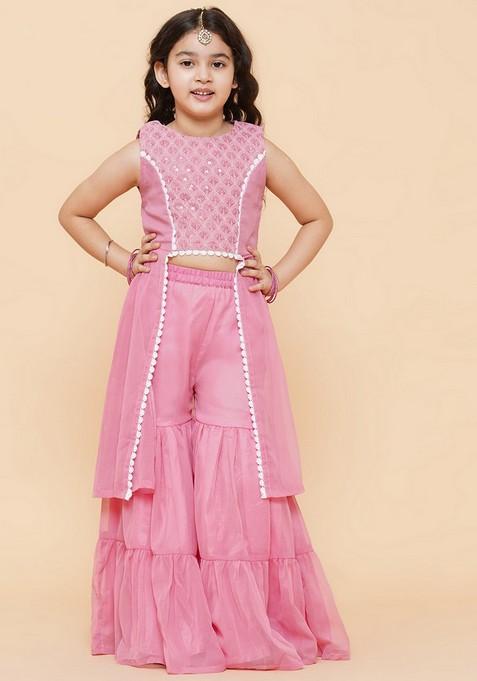 Pink Self Design Sharara With Kurta (Set of 2)