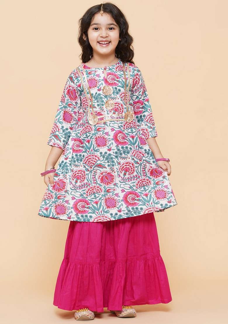 White Floral Print Sharara With Kurta (Set of 2) - Indya