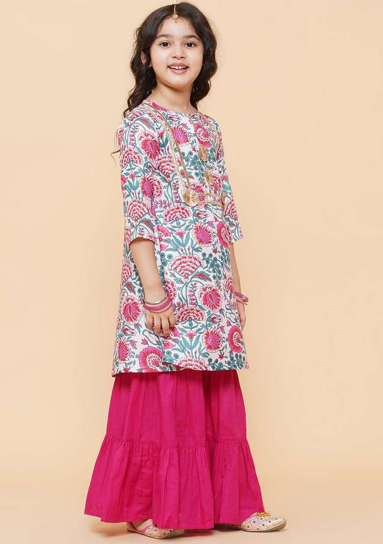White Floral Print Sharara With Kurta (Set of 2) - Indya