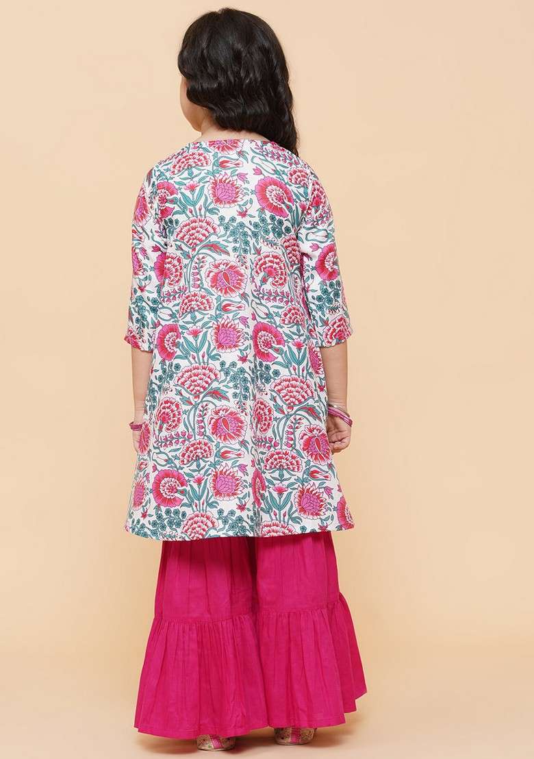White Floral Print Sharara With Kurta (Set of 2) - Indya