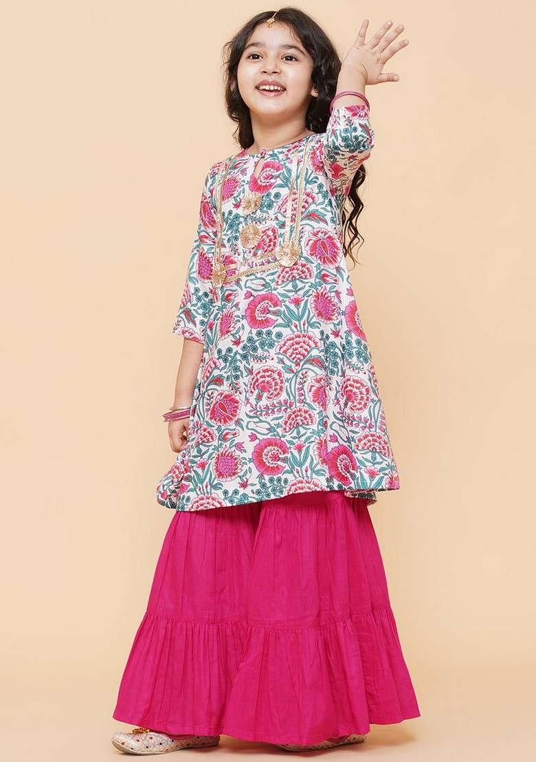 White Floral Print Sharara With Kurta (Set of 2) - Indya