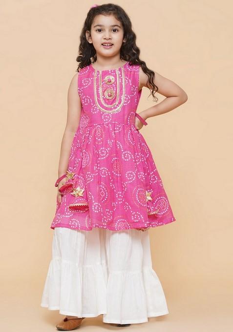 Pink Bandhej Print Sharara With Kurta (Set of 2)