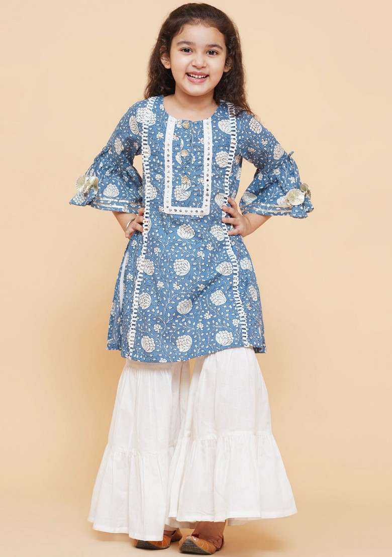Blue Printed Sharara With Kurta (Set of 2) - Indya