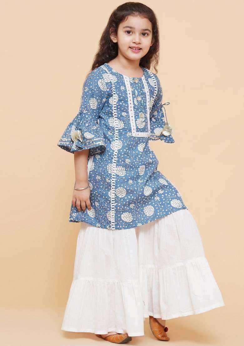 Blue Printed Sharara With Kurta (Set of 2) - Indya