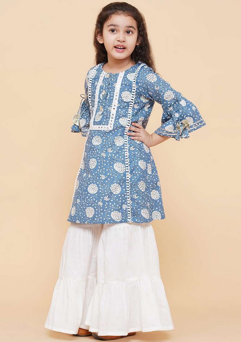 Blue Printed Sharara With Kurta (Set of 2) - Indya