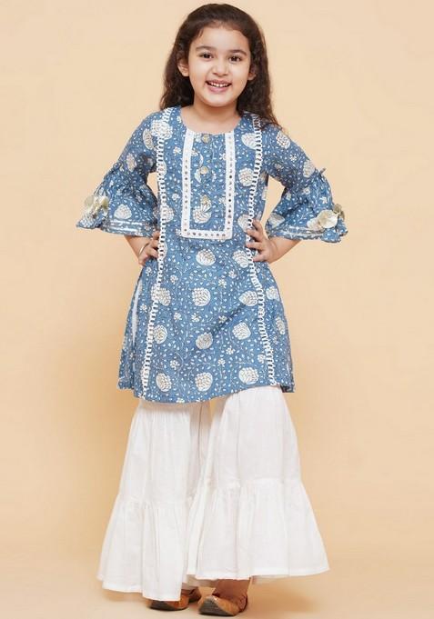 Blue Printed Sharara With Kurta (Set of 2)