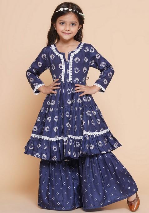 Navy Blue Bandhani Print Sharara With Kurta (Set of 2)