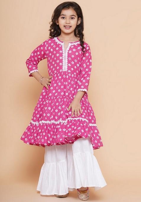 Pink Bandhani Print Sharara With Kurta (Set of 2)