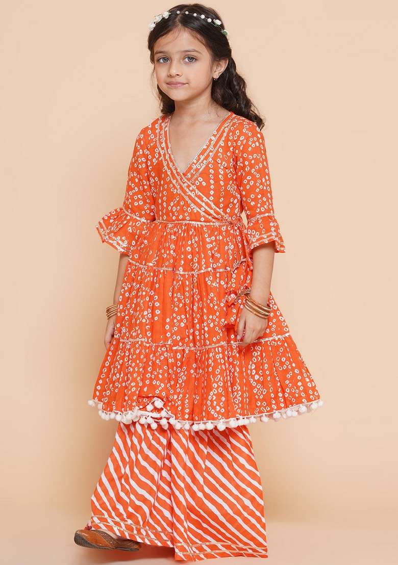 Orange Bandhani Print Sharara With Kurta (Set of 2) - Indya