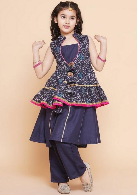 Navy Blue Printed Jacket With Kurta (Set of 2)