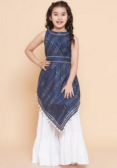 Navy Blue Printed Sharara With Kurta (Set of 2)