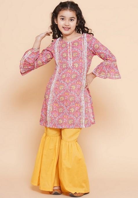 Pink Floral Print Sharara With Kurta (Set of 2)