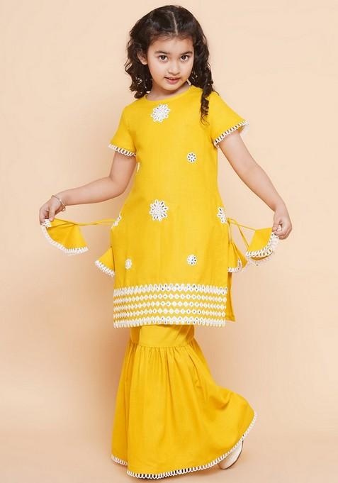 Yellow Thread Embroidered Sharara With Kurta (Set of 2)