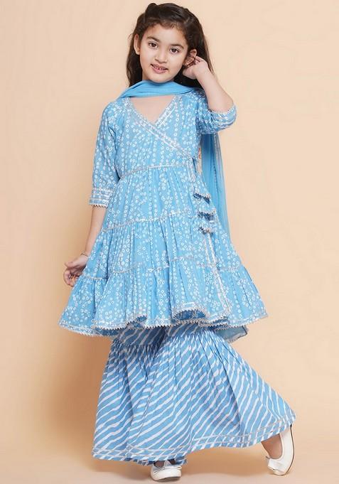 Blue Bandhani Print Sharara With Angrakha Kurta And Dupatta (Set of 3)