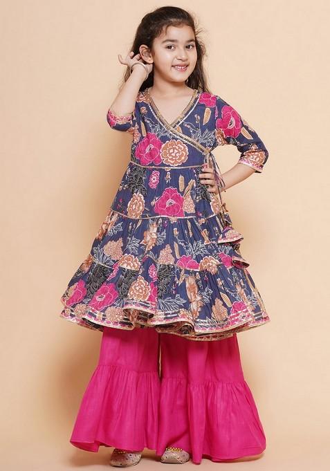 Pink Floral Print Sharara With Kurta (Set of 2)