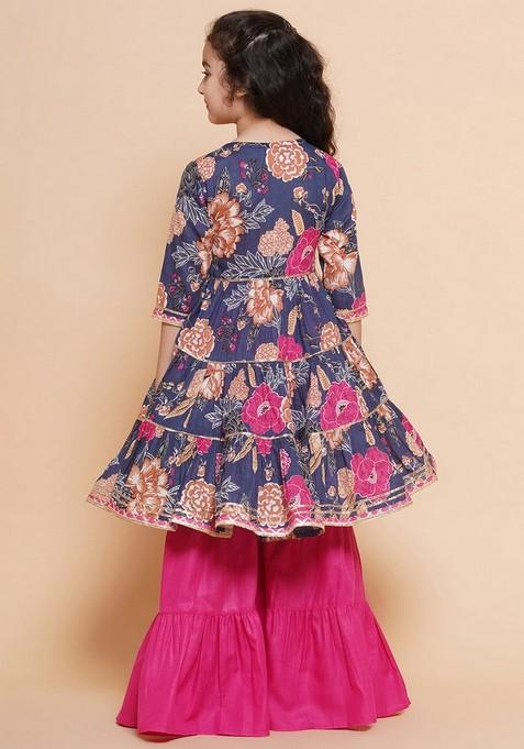 Pink Floral Print Sharara With Kurta (Set of 2)