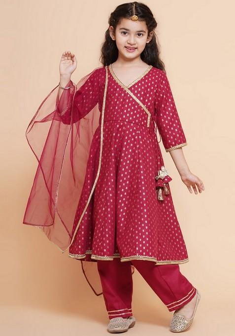 Maroon Printed Sharara With Angrakha Kurta And Dupatta (Set of 3)