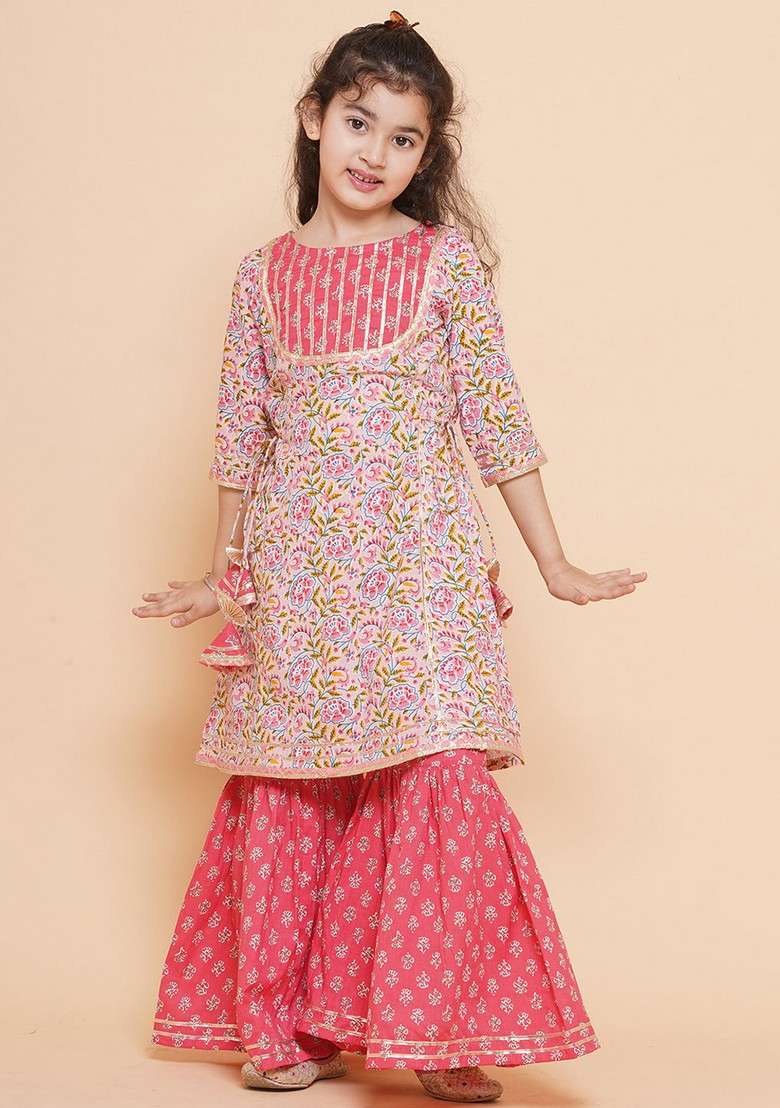 Pink Floral Print Sharara With Kurta (Set of 2) - Indya