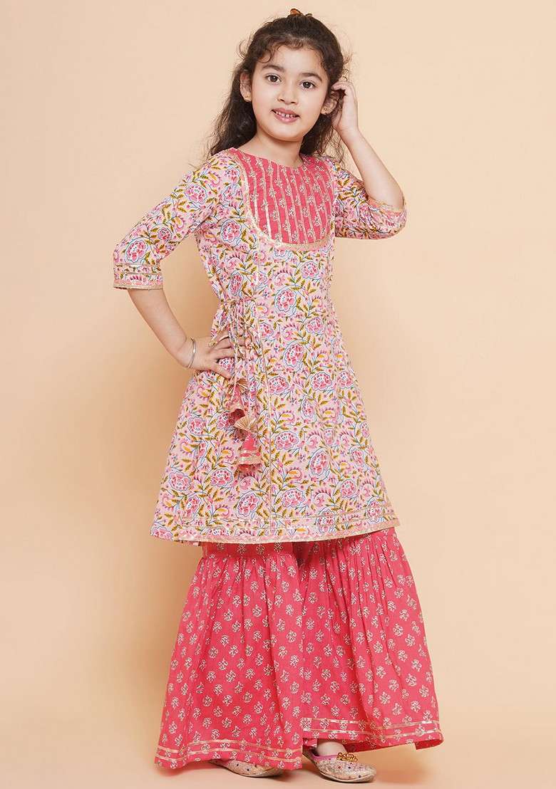 Pink Floral Print Sharara With Kurta (Set of 2) - Indya