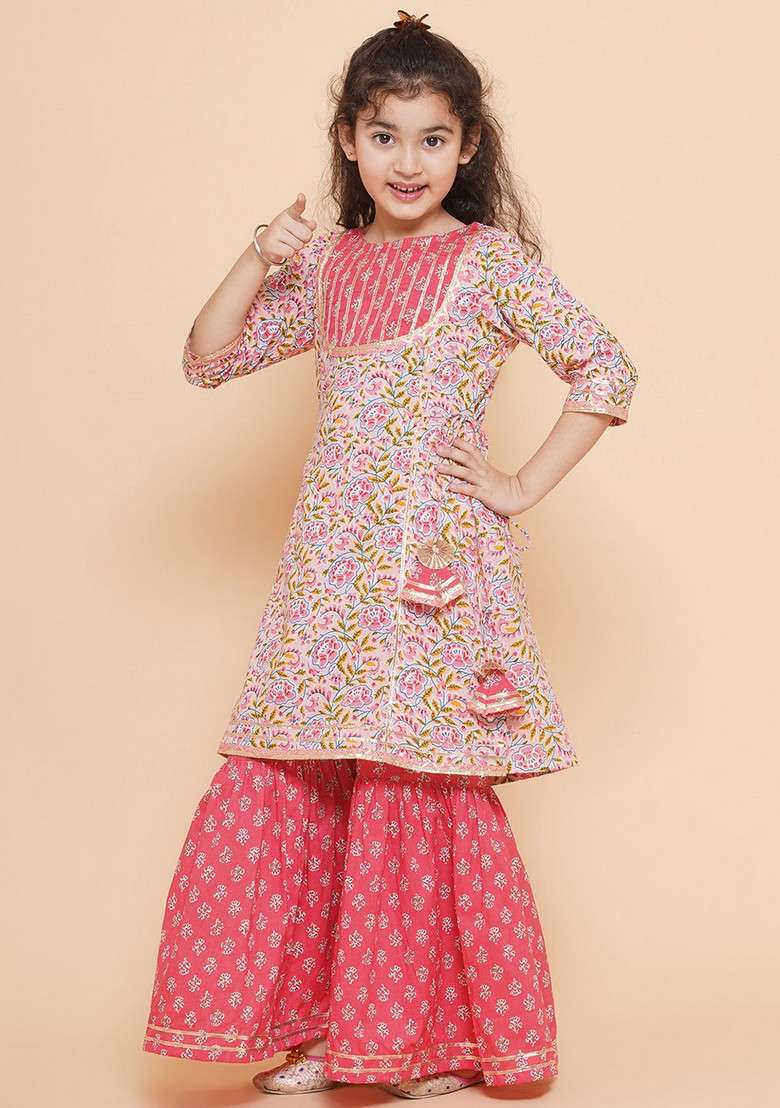 Pink Floral Print Sharara With Kurta (Set of 2) - Indya