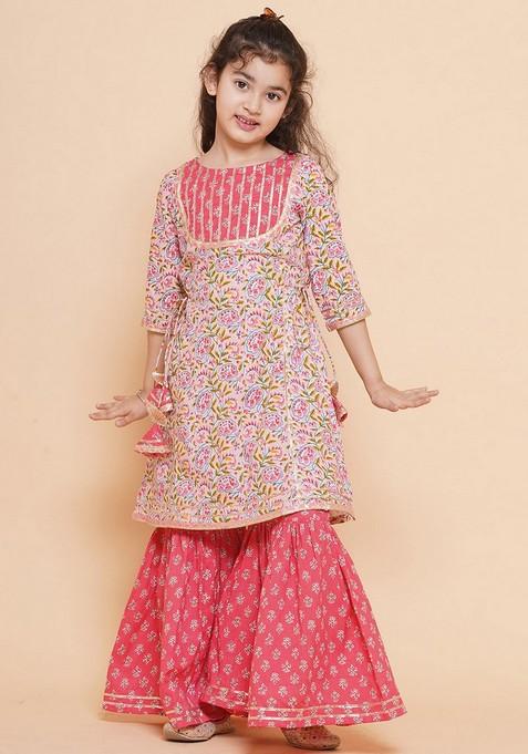 Pink Floral Print Sharara With Kurta (Set of 2)