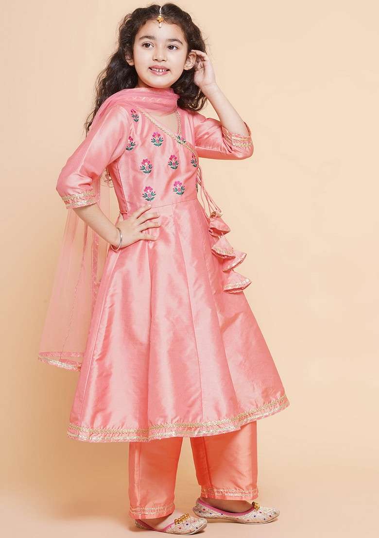 Peach Embroidered Angrakha Kurta With Pants And Dupatta (Set of 3) - Indya
