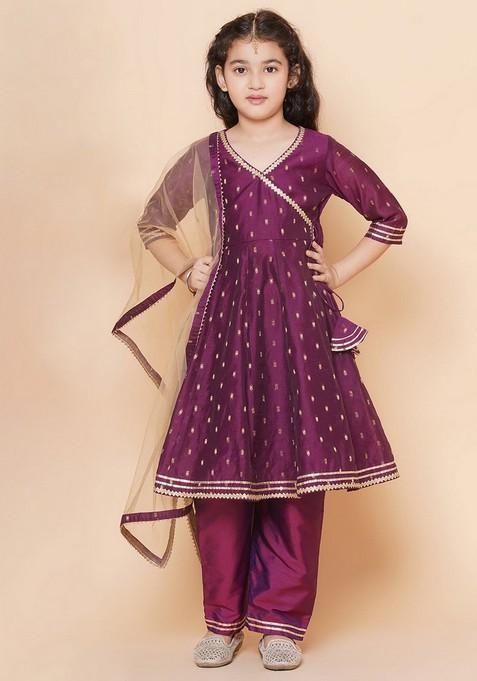 Burgundy Self Design Angrakha Kurta With Pants And Dupatta (Set of 3)