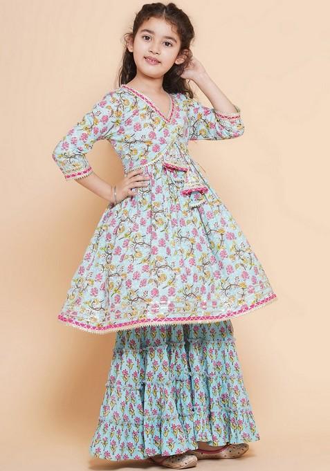 Blue Printed Sharara With Kurta (Set of 2)