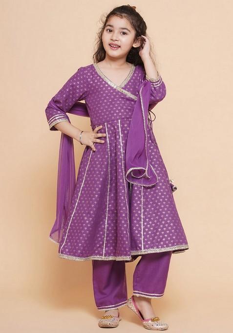 Purple Foil Print Angrakha Kurta With Pants And Dupatta (Set of 3)