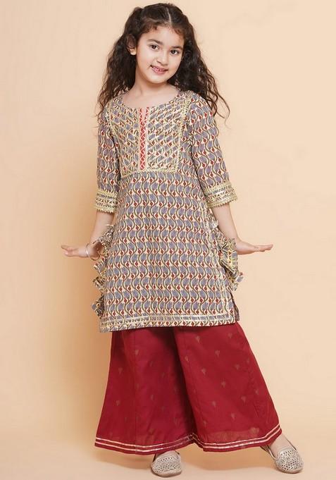 Maroon Floral Print Sharara With Kurta (Set of 2)