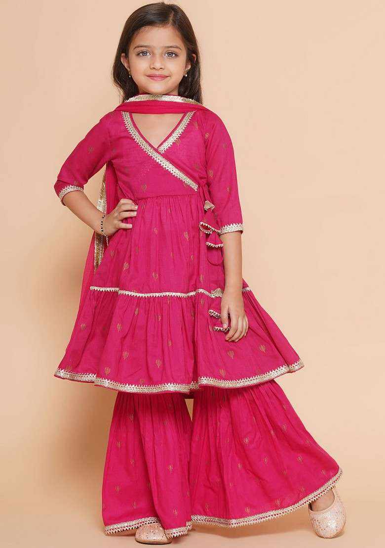 Pink Printed Angrakha Kurta With Sharara And Dupatta (Set of 3) - Indya