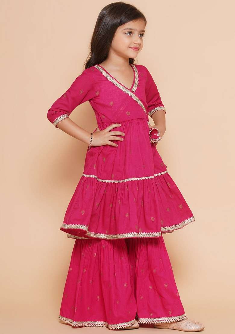 Pink Printed Angrakha Kurta With Sharara And Dupatta (Set of 3) - Indya