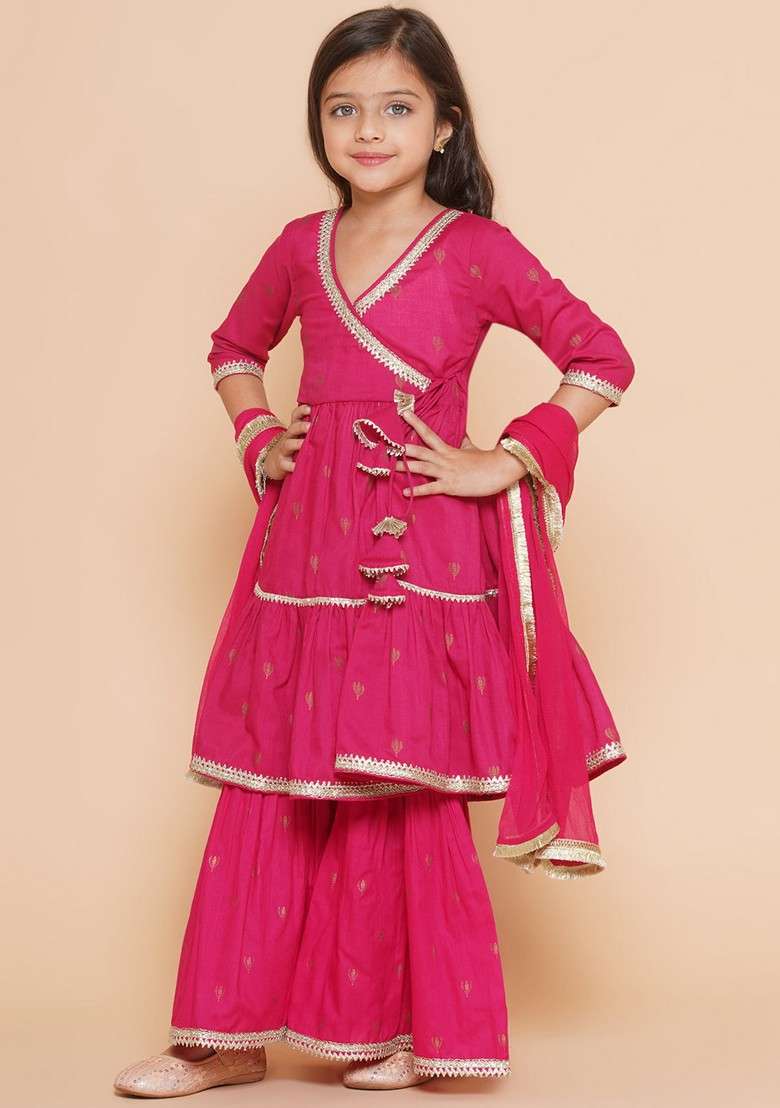 Pink Printed Angrakha Kurta With Sharara And Dupatta (Set of 3) - Indya