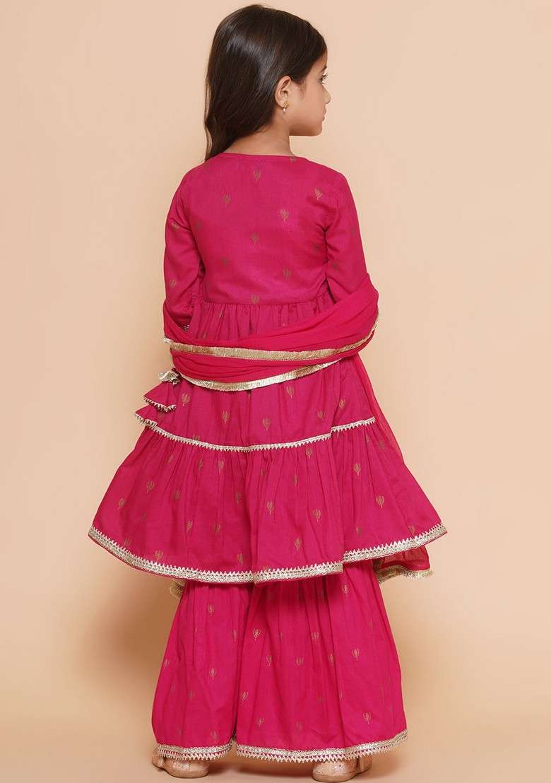 Pink Printed Angrakha Kurta With Sharara And Dupatta (Set of 3) - Indya