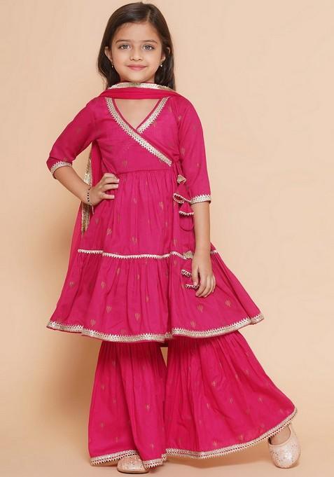 Pink Printed Angrakha Kurta With Sharara And Dupatta (Set of 3)