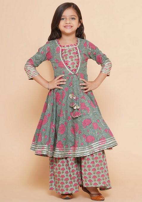 Green Printed Sharara With Kurta (Set of 2)