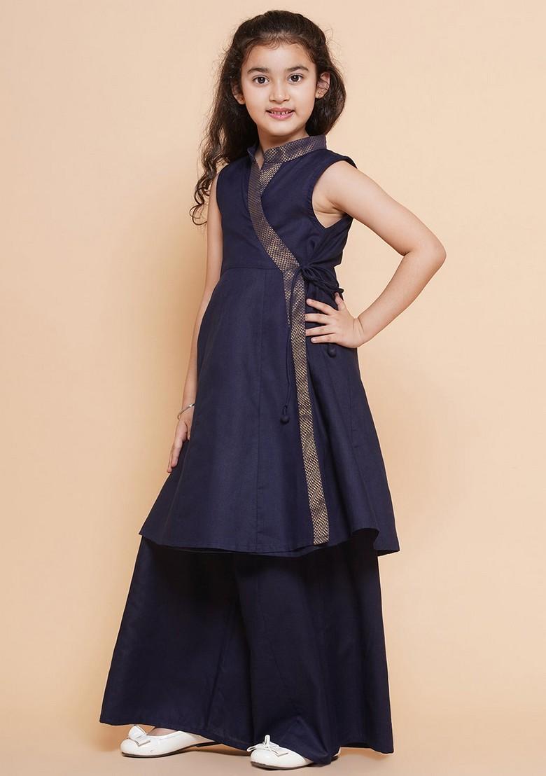 Navy Blue Self Design Angrakha Kurta With Palazzo (Set of 2) - Indya