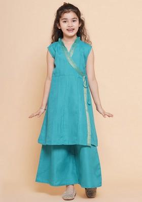 Sea Green Self Design Angrakha Kurta With Palazzo (Set of 2)