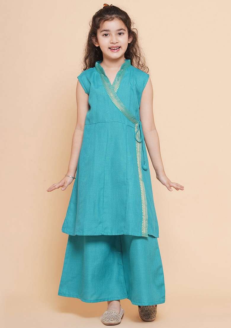 Sea Green Self Design Angrakha Kurta With Palazzo (Set of 2) - Indya