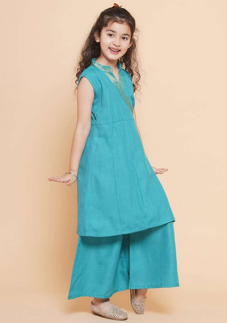 Sea Green Self Design Angrakha Kurta With Palazzo (Set of 2) - Indya