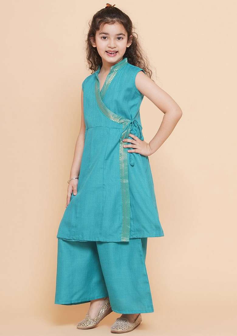 Sea Green Self Design Angrakha Kurta With Palazzo (Set of 2) - Indya