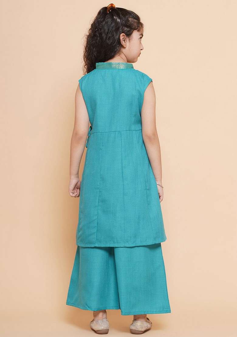 Sea Green Self Design Angrakha Kurta With Palazzo (Set of 2) - Indya