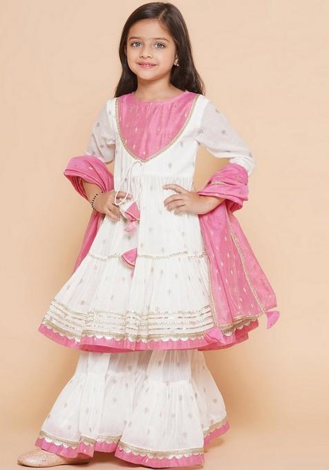 White Printed Sharara With Kurta And Dupatta (Set of 3)