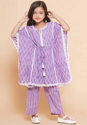 Purple Printed Angrakha Kurta With Palazzo (Set of 2)