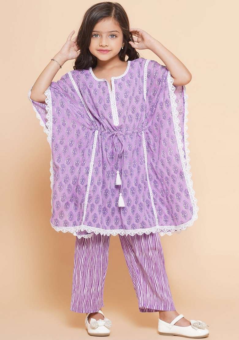 Purple Printed Angrakha Kurta With Palazzo (Set of 2) - Indya
