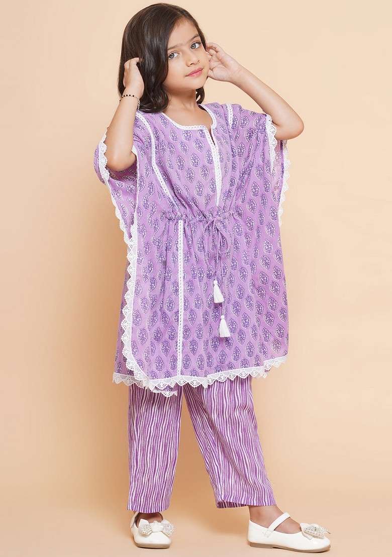 Purple Printed Angrakha Kurta With Palazzo (Set of 2) - Indya