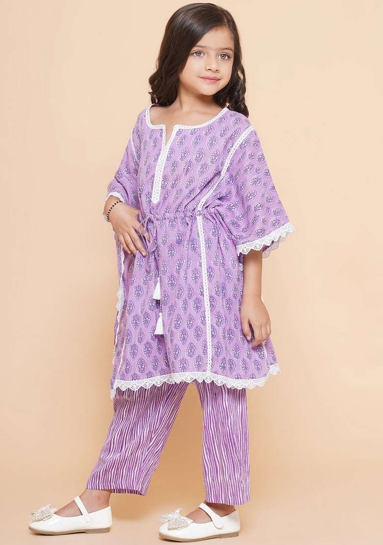 Purple Printed Angrakha Kurta With Palazzo (Set of 2) - Indya