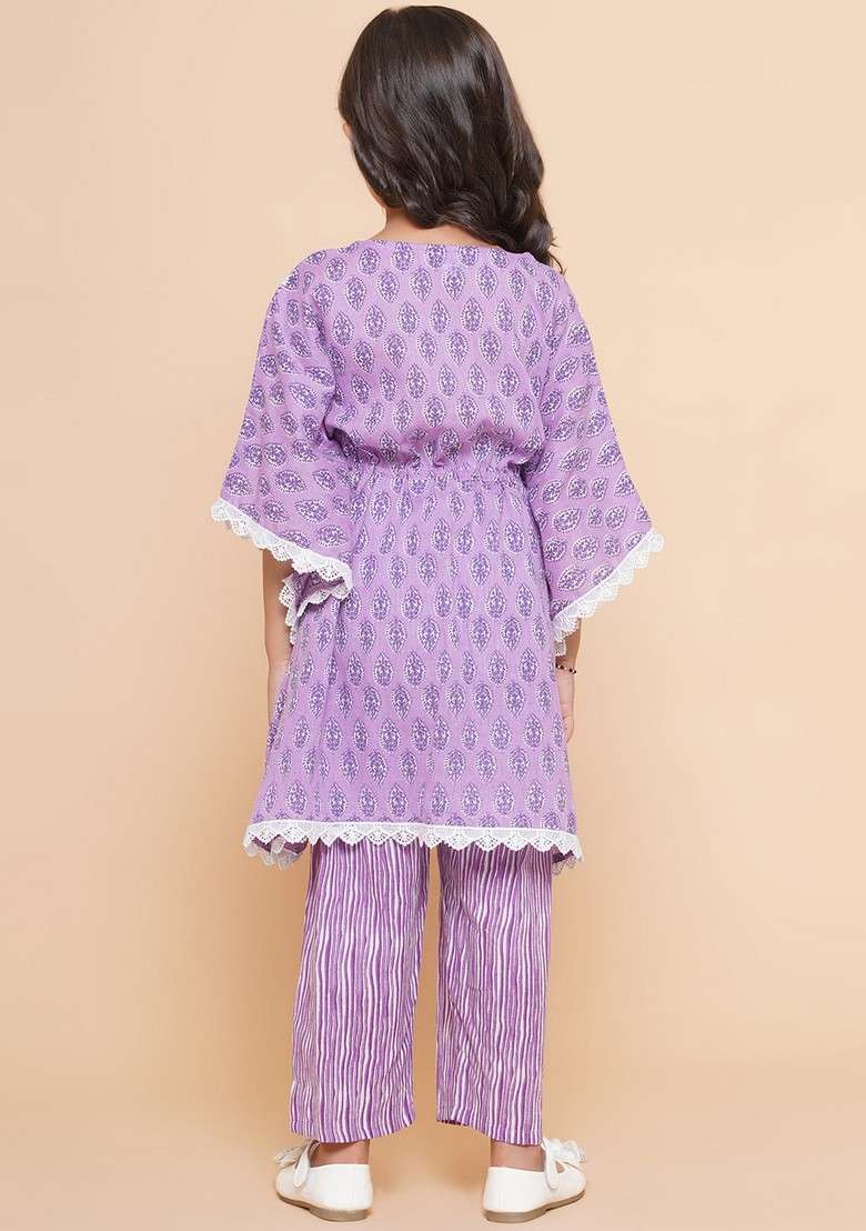 Purple Printed Angrakha Kurta With Palazzo (Set of 2) - Indya